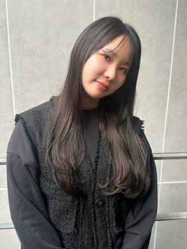 マイラ 銀座(myla) 小顔透明感暗髪ハイライトカラーくびれヘアアプリコットオレンジ