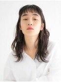 レディース_セミロング_ショートバング_黒髪_コテ巻き_