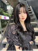 小顔薄めバンググレージュレイヤーロング前髪パーマ黒髪