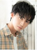 爽やか学生アッシュブラックくせ毛風メンズカットB越谷