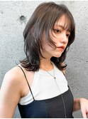 ◯ワンレンボブルフ黒髪ネビージュ小顔ぱっつん前髪ウルフパーマ