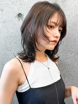 エインアンリー 表参道(AIN.ANLY.) ◯ワンレンボブルフ黒髪ネビージュ小顔ぱっつん前髪ウルフパーマ