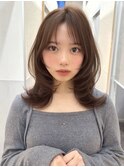 ミディアムレイヤー/顔まわり/くびれヘア/オリーブベージュ/銀座
