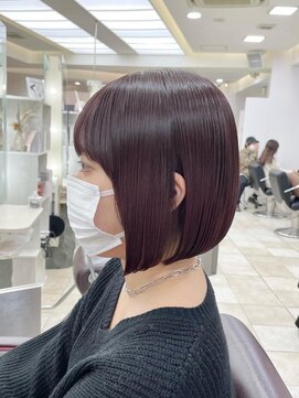 ラルム 新宿(LARME SHINJUKU) ミニウルフチェリーブラウンブリーチなしショートボブ前髪/新宿