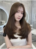 オリーブブラウン×重め韓国レイヤースタイル