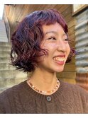 ミニボブパーマニュアンスパーマ緩めパーマおん眉ワインレッド
