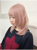 ミルクティーピンクグレージュミディアムウルフレイヤー長めボブ