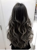 黒髪グラデヘアーオリーブグレー小顔に見せるヘアココアベージュ