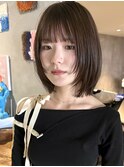 ブリーチなしブルーグレージュ黒髪ハイライトレイヤー小顔ボブ
