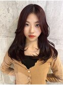 ボルドーカラー レッド レイヤーカット ロング 前髪なし 大須