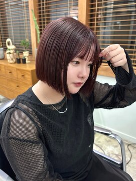 ボルドー、切りっぱなしボブ、髪質改善