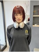 姫カット切りっぱなしボブ顔まわりレイヤーボルドーカラー暖色