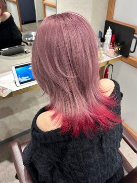 ウルフレイヤーカットピンクカラーココアベージュ裾カラー