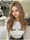 ★丸型逆三角ホワイトグレージュデジタルパーマチェリーブラウン