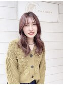 前髪ありセミロングショコラピンク暖色カラー30代梅ヶ丘美容室
