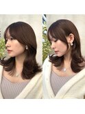 20代30代40代◎前髪パーマ韓国風巻きくすみベージュお団子ヘア