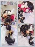 成人式ヘアメイク 派手華やかガーリーお団子ポニーテール 着物