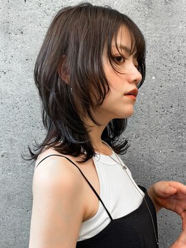 エインアンリー 表参道(AIN.ANLY.) ◯ワンレンボブルフ黒髪ネビージュ小顔ぱっつん前髪ウルフパーマ