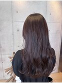 ワインレッド透明感ブリーチなしカラー韓国ウェーブロングヘア