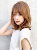 前髪ココアブラウン大人かわいいウェーブパーマふわミディ”