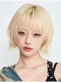 ハイトーン切りっぱなしレイヤーボブミルクティーピンクベージュ