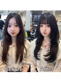 黒髪ぱっつん前髪小顔顔周りカットミディアムレイヤーセミロング