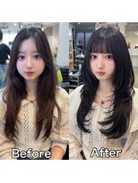 アフロート トウキョウ(AFLOAT TOKYO) 黒髪ぱっつん前髪小顔顔周りカットミディアムレイヤーセミロング