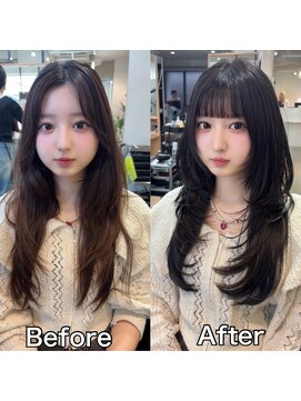 アフロート トウキョウ(AFLOAT TOKYO) 黒髪ぱっつん前髪小顔顔周りカットミディアムレイヤーセミロング