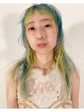 レコ 渋谷(LECO) 水色とイエローのウルフヘア