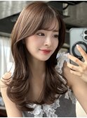 パールベージュピンクブラウンカラー顔周りレイヤーカット
