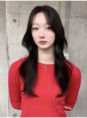 韓国風ワンホンレイヤーカット顔周りレイヤーブリーチなしカラー