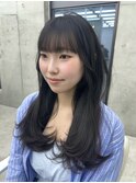 美髪カールブルーブラック韓国レイヤーロングセミディ顔周り前髪