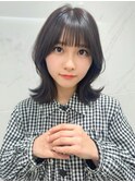 大人可愛いくびれミディアム/ダークブラウン/前髪カット/顔周り