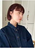 ピンクブラウン　切りっぱなしボブ　美髪　フルバング　暖色
