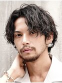 メンズラフセンターパート波巻きスパイラルパーママッシュウルフ