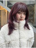 顔まわりレイヤーカット暖色カラーボルドーカラーワインレッド