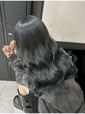 12786黒髪グレーアッシュ韓国風巻きカットレイヤーブルーカラー