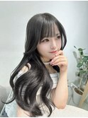 小顔薄めバンググレージュレイヤーロング前髪パーマ黒髪