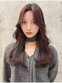 小顔薄めバングピンクブラウンレイヤーエアリーロン グ前髪美髪