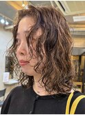 ミディアムパーマウルフパーマウェーブパーマオリーブベージュ