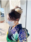 成人式ヘアセット 大人シンプル華やかルーズアップ造花 和装着物