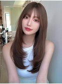 フェミニンロング小顔ワイドバングレイヤーカット前髪
