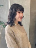 黒髪　地毛パーマ　ウルフヘア　ウルフパーマ　ミディアム