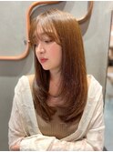 〇韓国前髪ザクザクレイヤーピンクベージュシースルーバング
