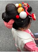 七五三ヘア　日本髪　3歳ヘアセット　ちりめん細工　キッズヘア