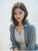 ◎前髪パーマ レイヤーロング 黒髪 グレーベージュ 小顔