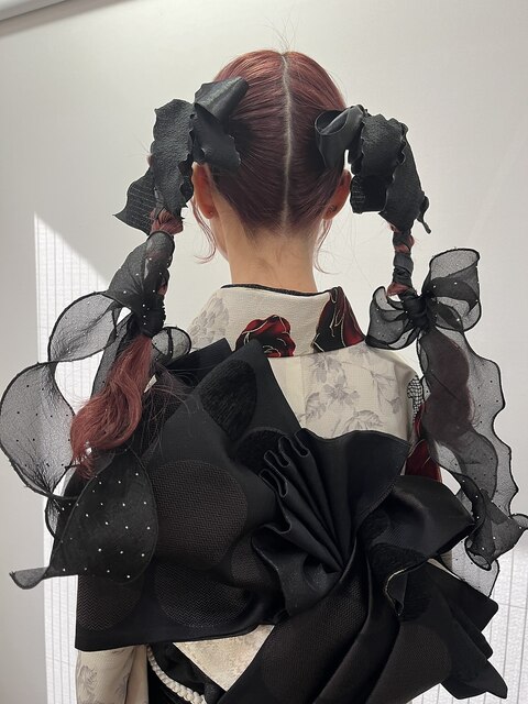 ツインテールピンクカラーリボン髪飾り成人式ヘアセット