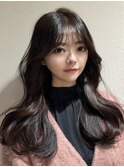 ☆ グレーベージュレイヤーロング前髪パーマオリーブアッシュ