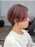ハンサムショート/丸みショート/極細ハイライト/ピンクベージュ