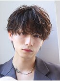 韓国マッシュフェザーパーマニュアンスパーマセンターパート黒髪